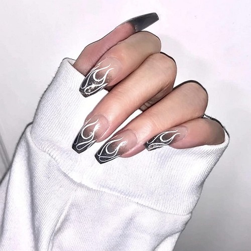 medium-lenth black ombre square nails with white flame design