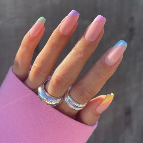 medium pastel multicolor nails with french tips