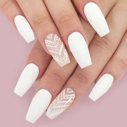 medium square white nails with nail art in glamourous style