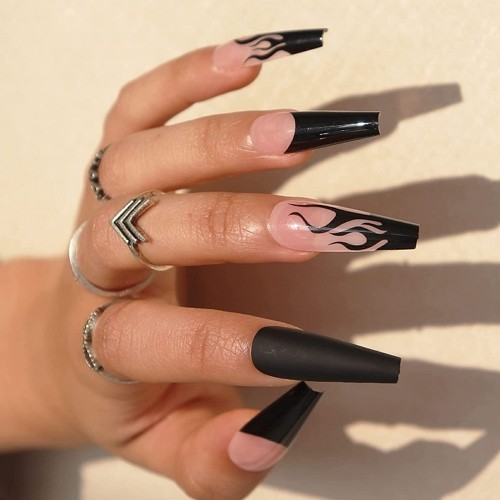 press-on long matte black coffin nails with flame design and french tips