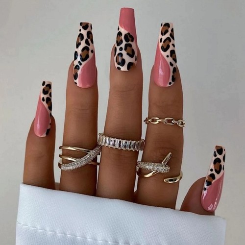 white and dark beige pink leopard print coffin nails with wave design