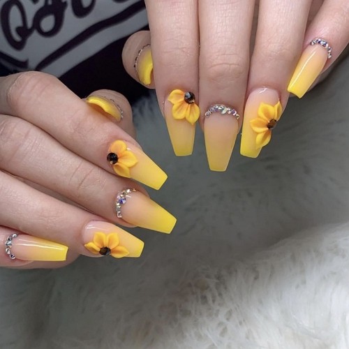 yellow short coffin flower nails with swarowski elements and sunflowers