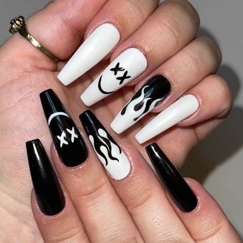 black and white press-on nails with black and white flames