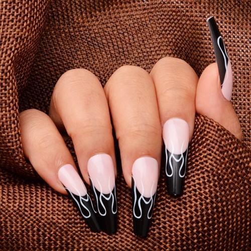 black-tip french nail design with white flames