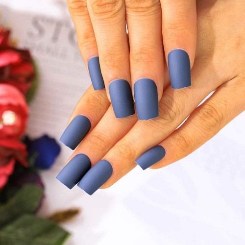 dark blue stick-on short coffin nails with matte finish