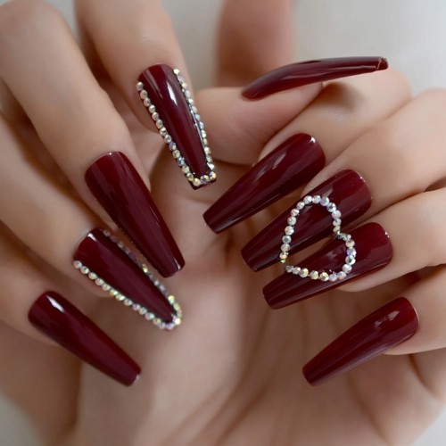 extra long coffin burgundy nails with swarowski elements and glossy finish