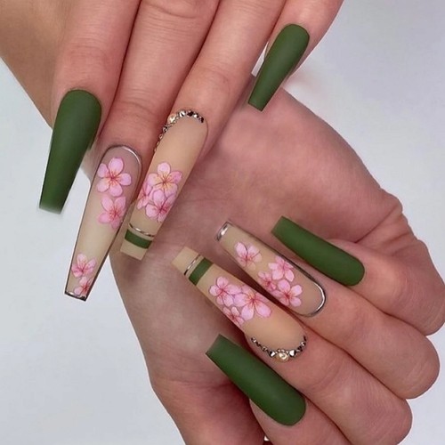 extra long press-on coffin flower nails with pink flowers, rhinestones and green matte accents