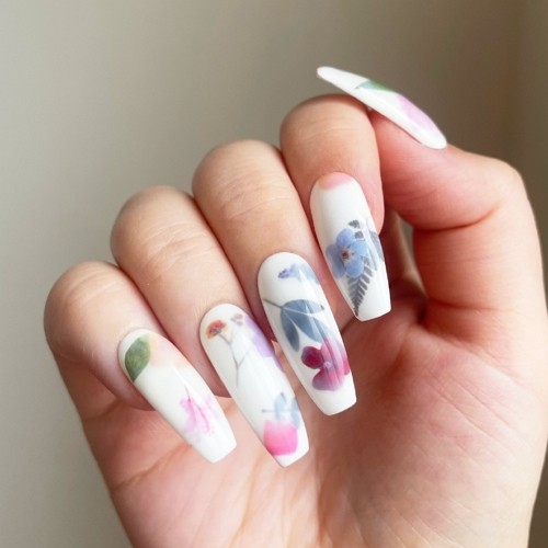 medium length coffin nails with vintage flowers on white background