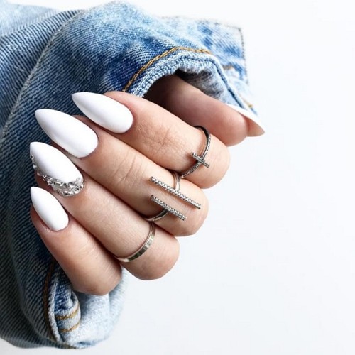 medium stiletto white nails with rhinestones