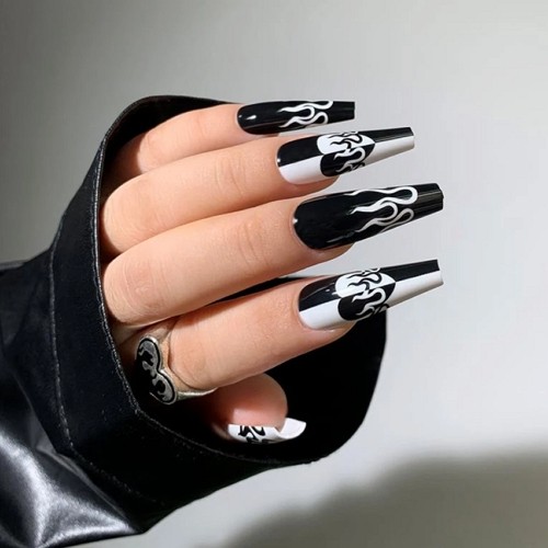 press-on coffin nails in black and white design with heart, flames and other elements