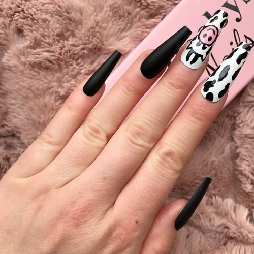 press-on coffin nails with black and white cow design
