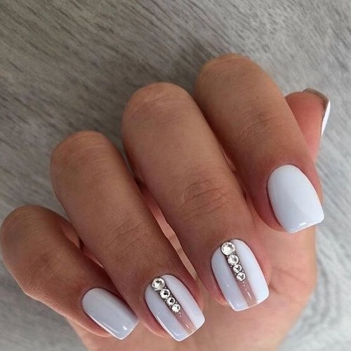 short square white nails with rhinestones and elegant minimalistic design