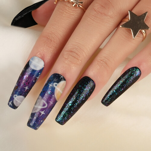 Long coffin gothic coffin nails with black and purple elements and glitter