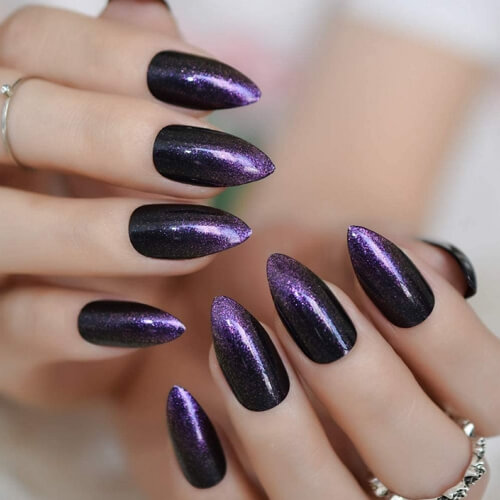 Medium length black and purple gothic nails with glitter ombre design