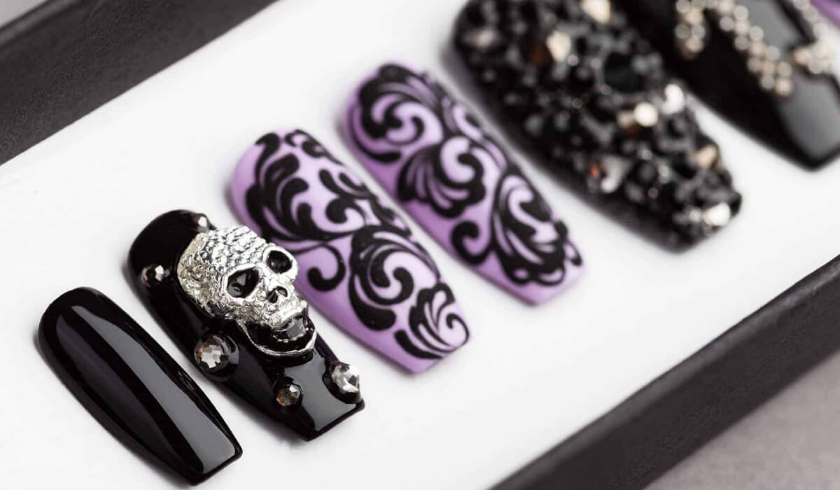 Black and purple gothic coffin nails with skulls and swarowski elements