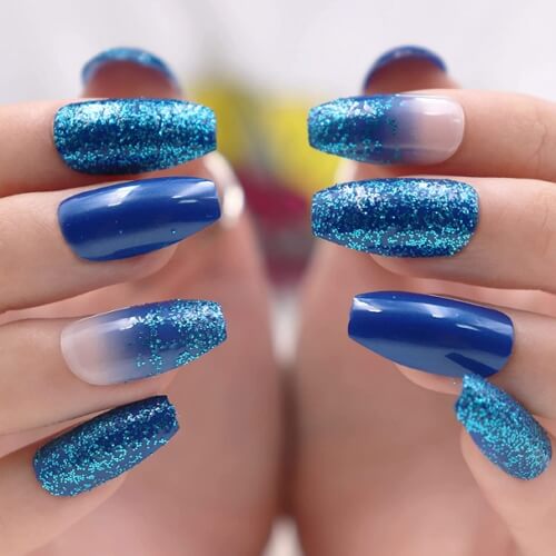 French Manicure Press On Nails Blue Glittery Chevron Design - Jingle Nail